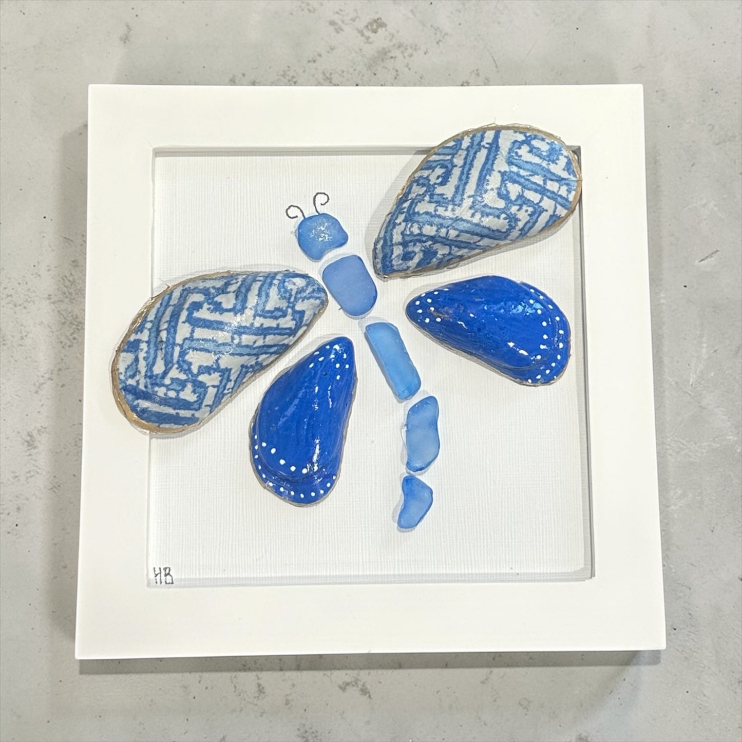 Coastal Dragonfly – Mussel Shell & Sea Glass Art (5x5 Frame)