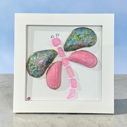 Coastal Dragonfly – Mussel Shell & Sea Glass Art (5x5 Frame)