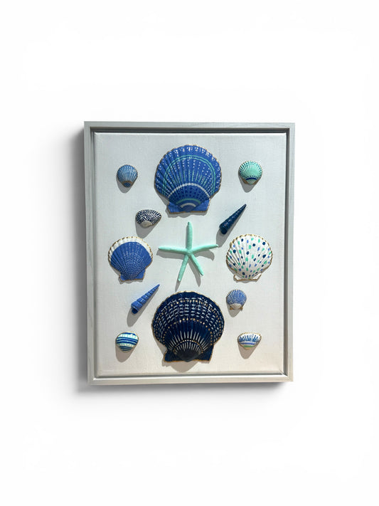 Framed Coastal Shell Art with Starfish – Handcrafted Beach Wall Decor